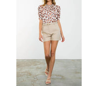 THML Ruched Sleeve Print Top in cream - women's shirt - view 5