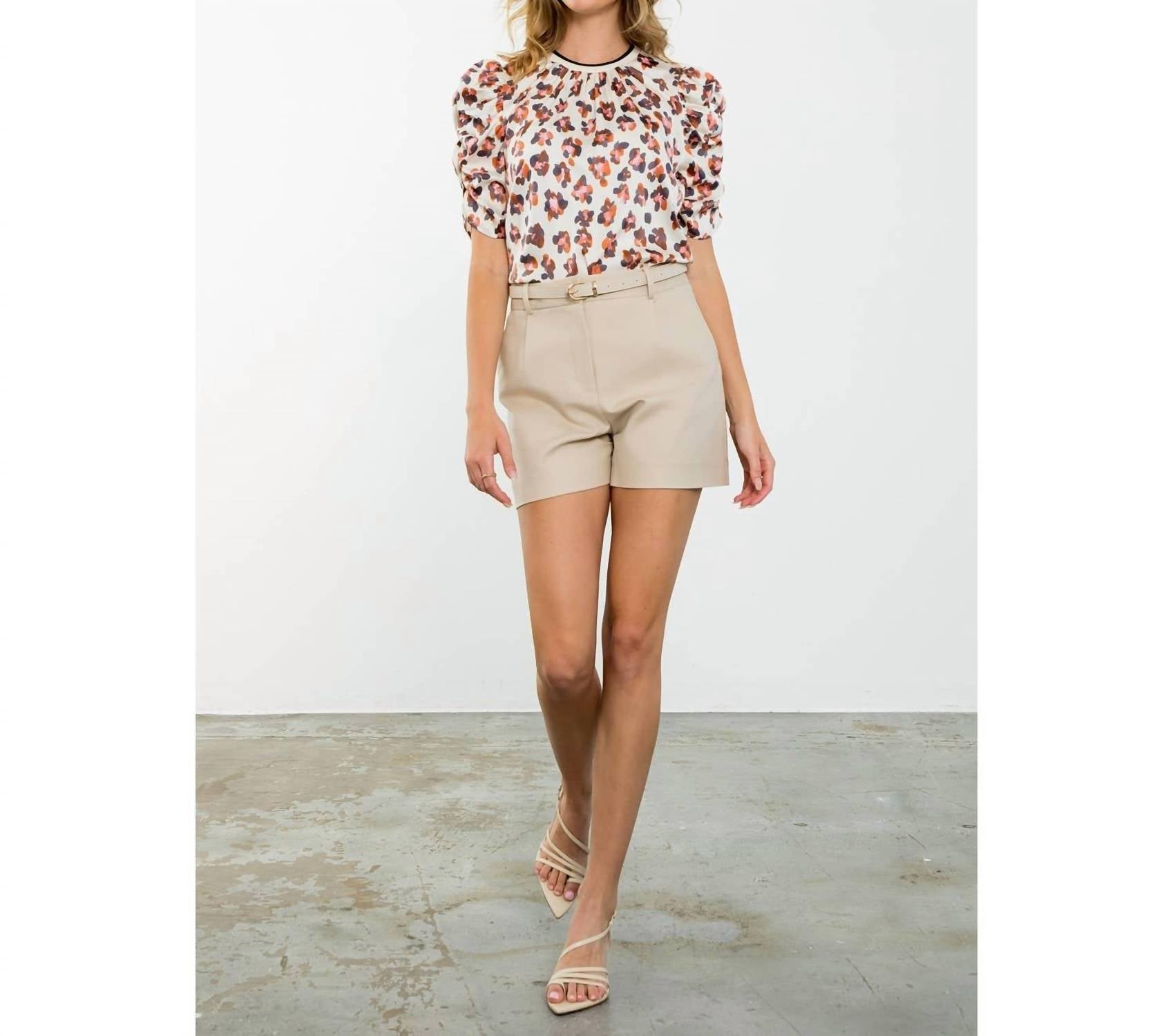 THML Ruched Sleeve Print Top in cream - women's shirt - view 5