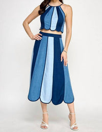 Milk & Honey - Color Block Halter Neck Top With Midi Skirt Set