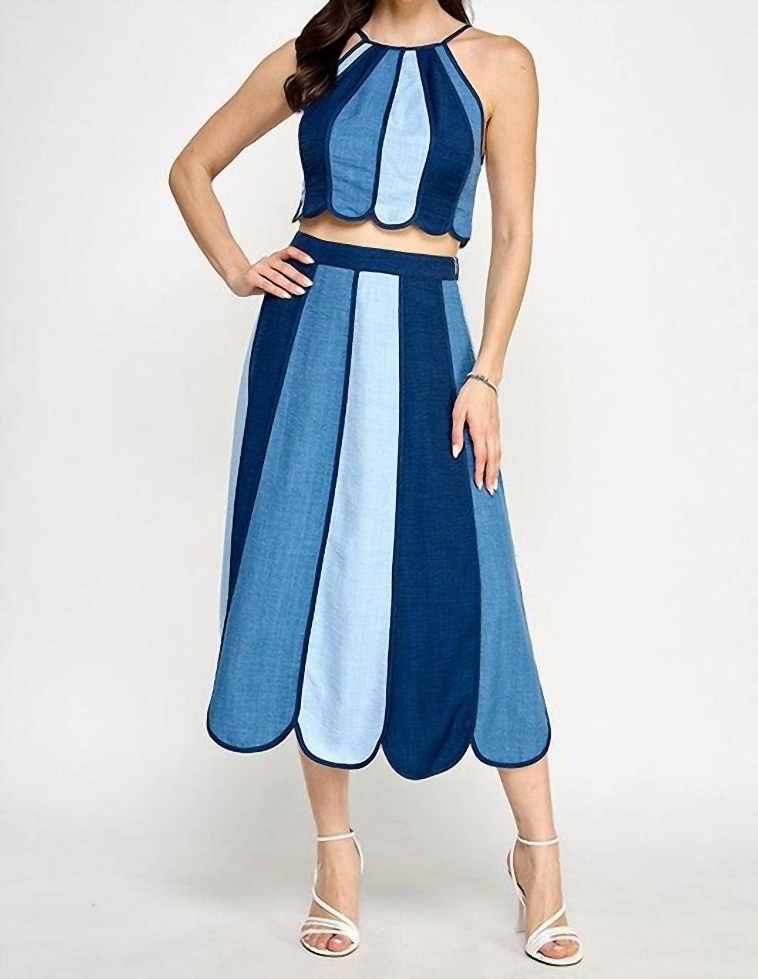 Milk & Honey - Color Block Halter Neck Top With Midi Skirt Set