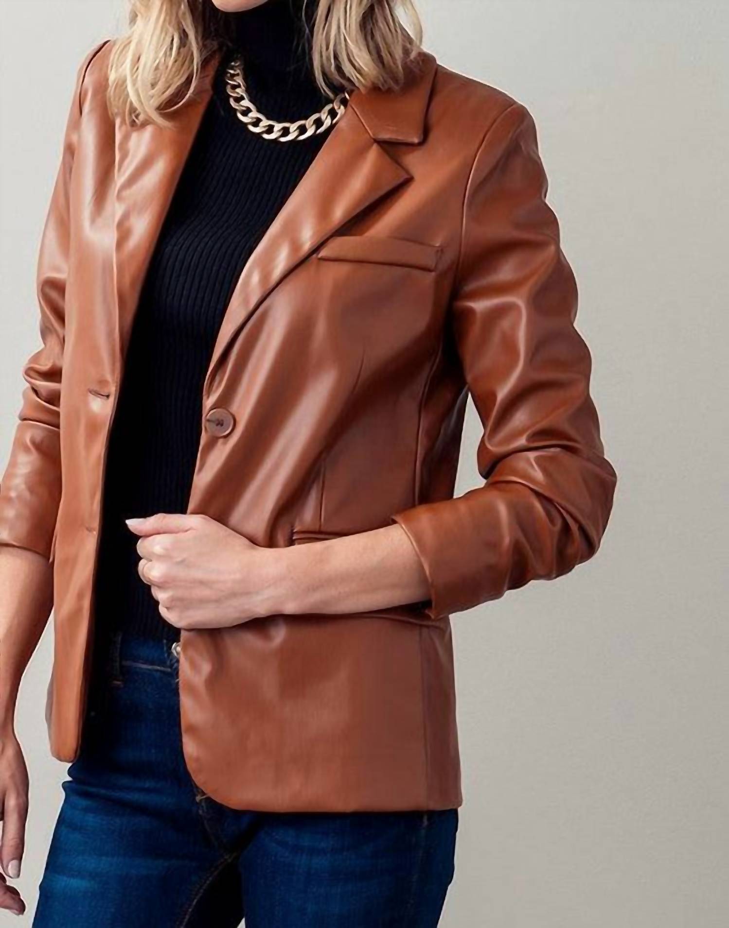 Love Tree - Faux Leather Lapel Neck Single Breasted Blazer