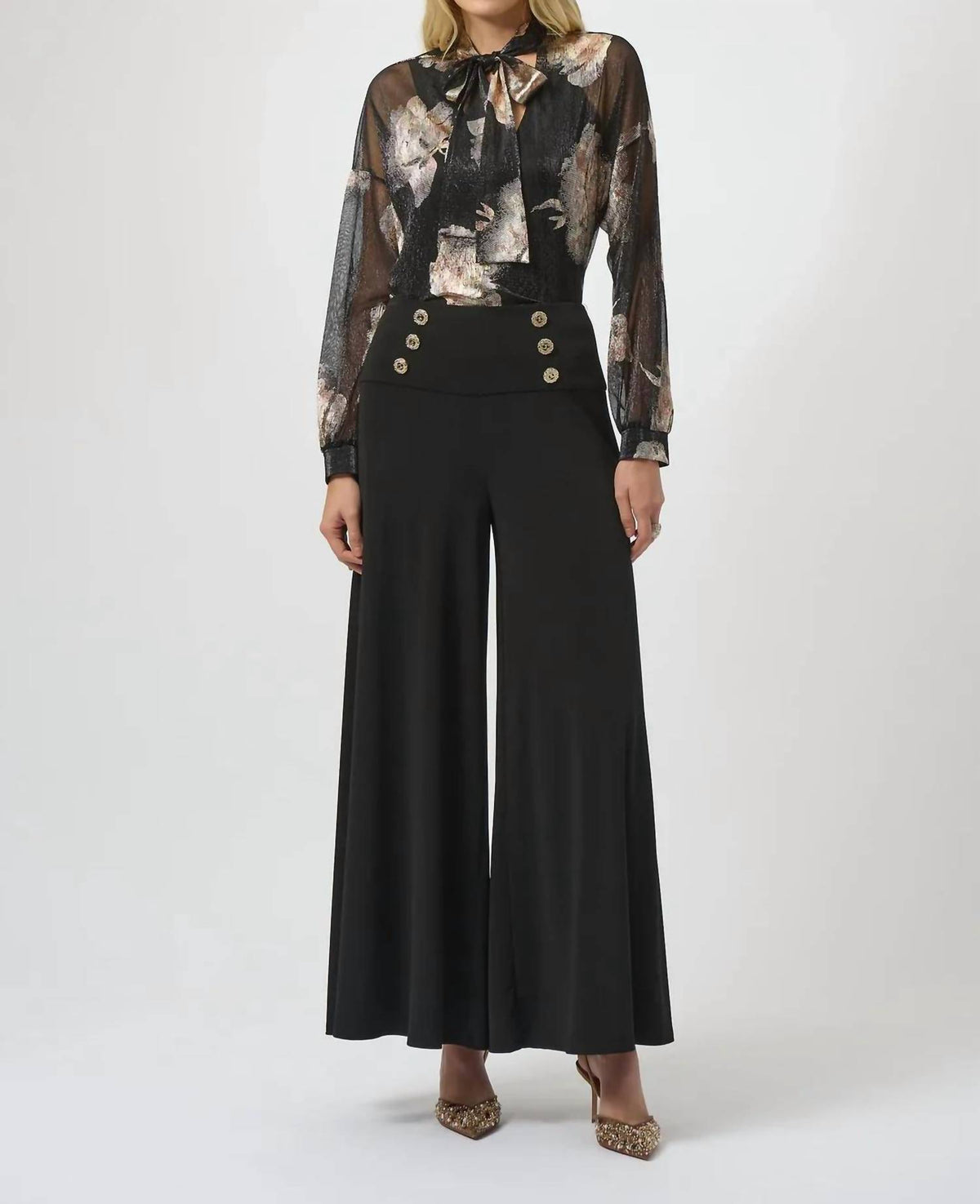 Joseph Ribkoff - Knit Foiled V-neck 3/4 Cuffed Sleeves Top