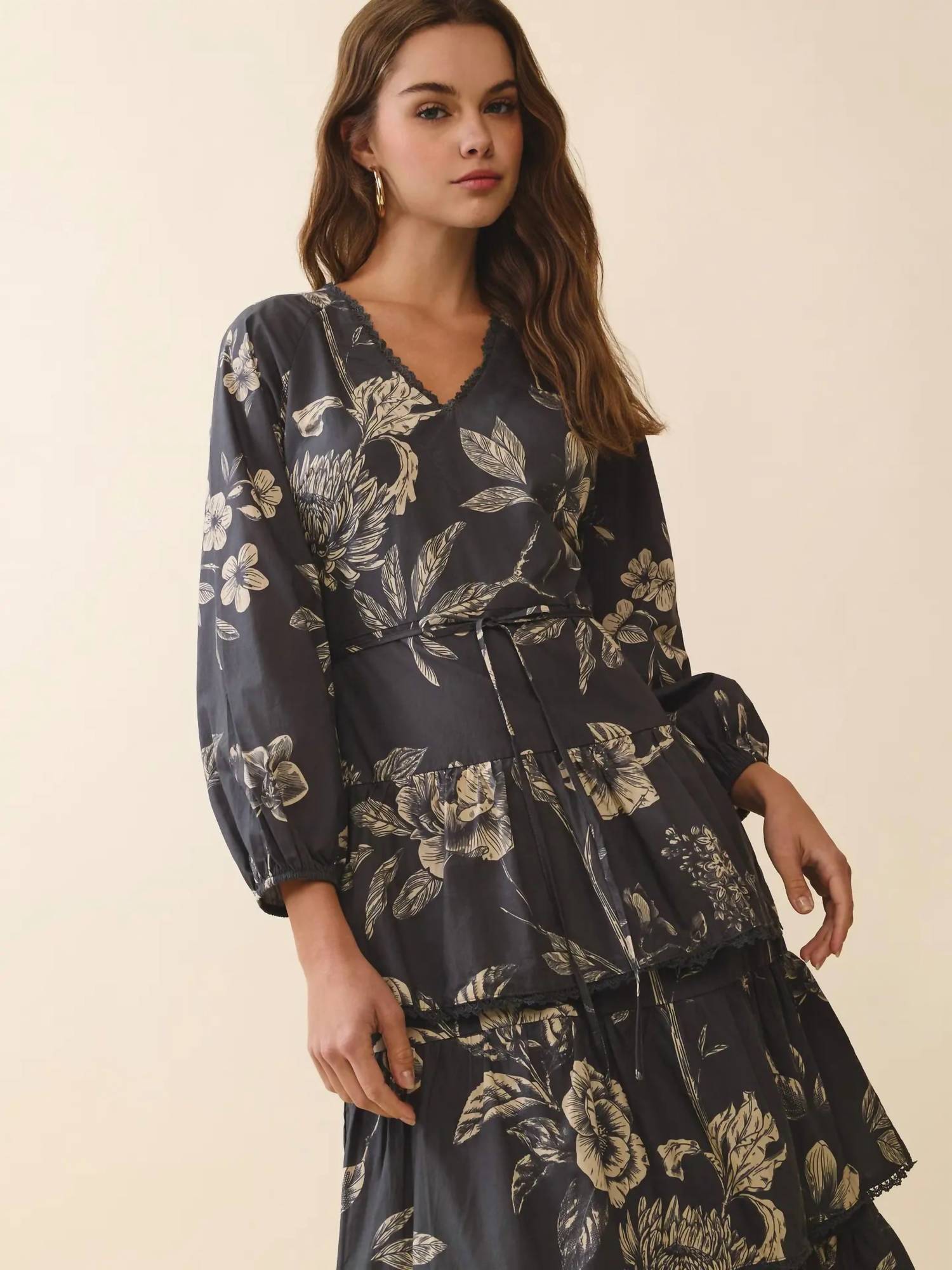 TCEC Floral Midi Dress in charcoal - women's dress - alternate view
