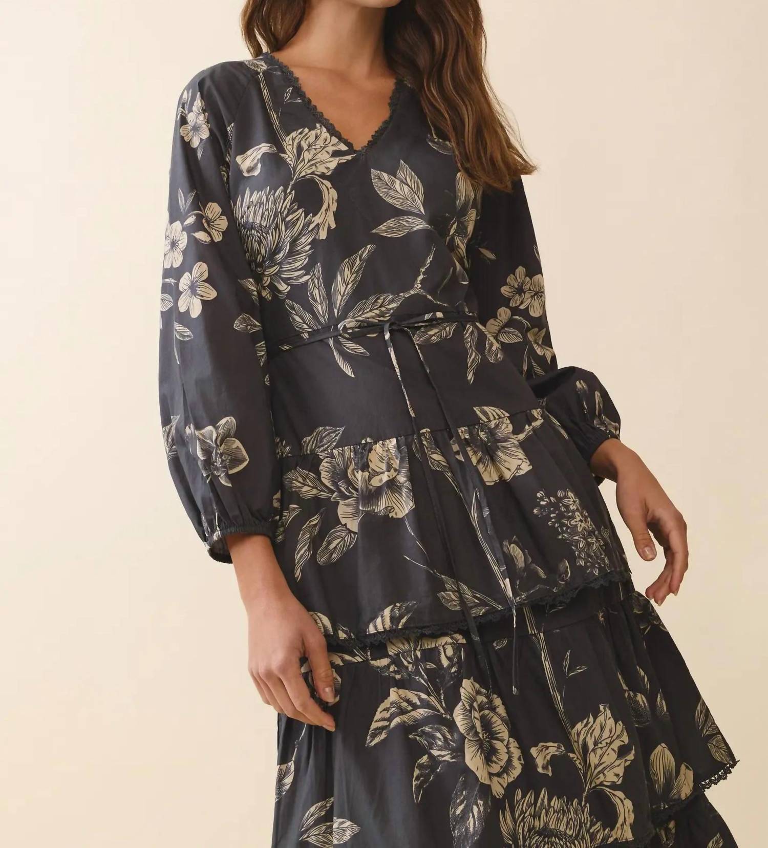 TCEC Floral Midi Dress in charcoal - women's dress - detail view