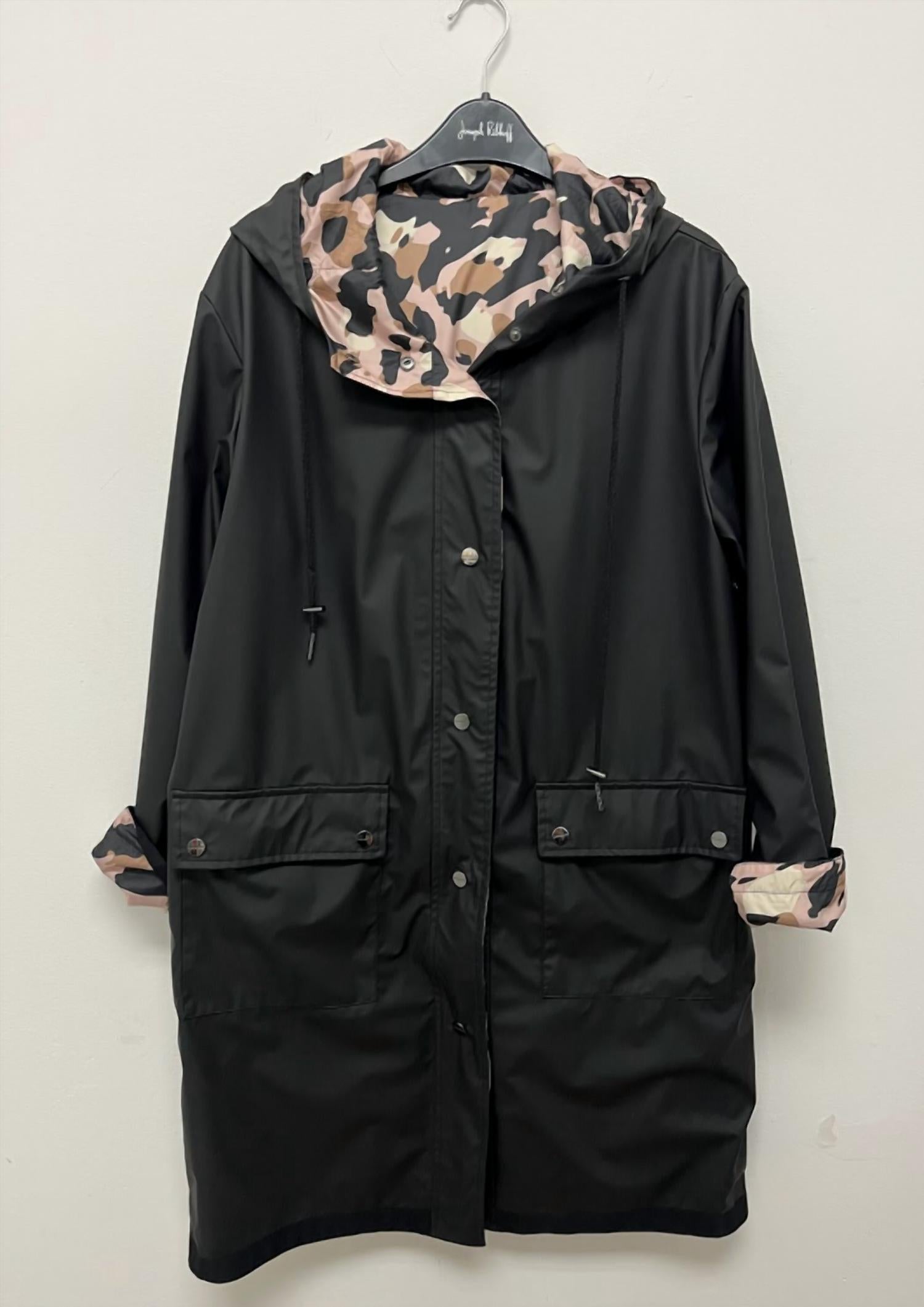RINO & PELLE Women's Waterproof Polyester Reversible Raincoat in black leopard print - women's jacket