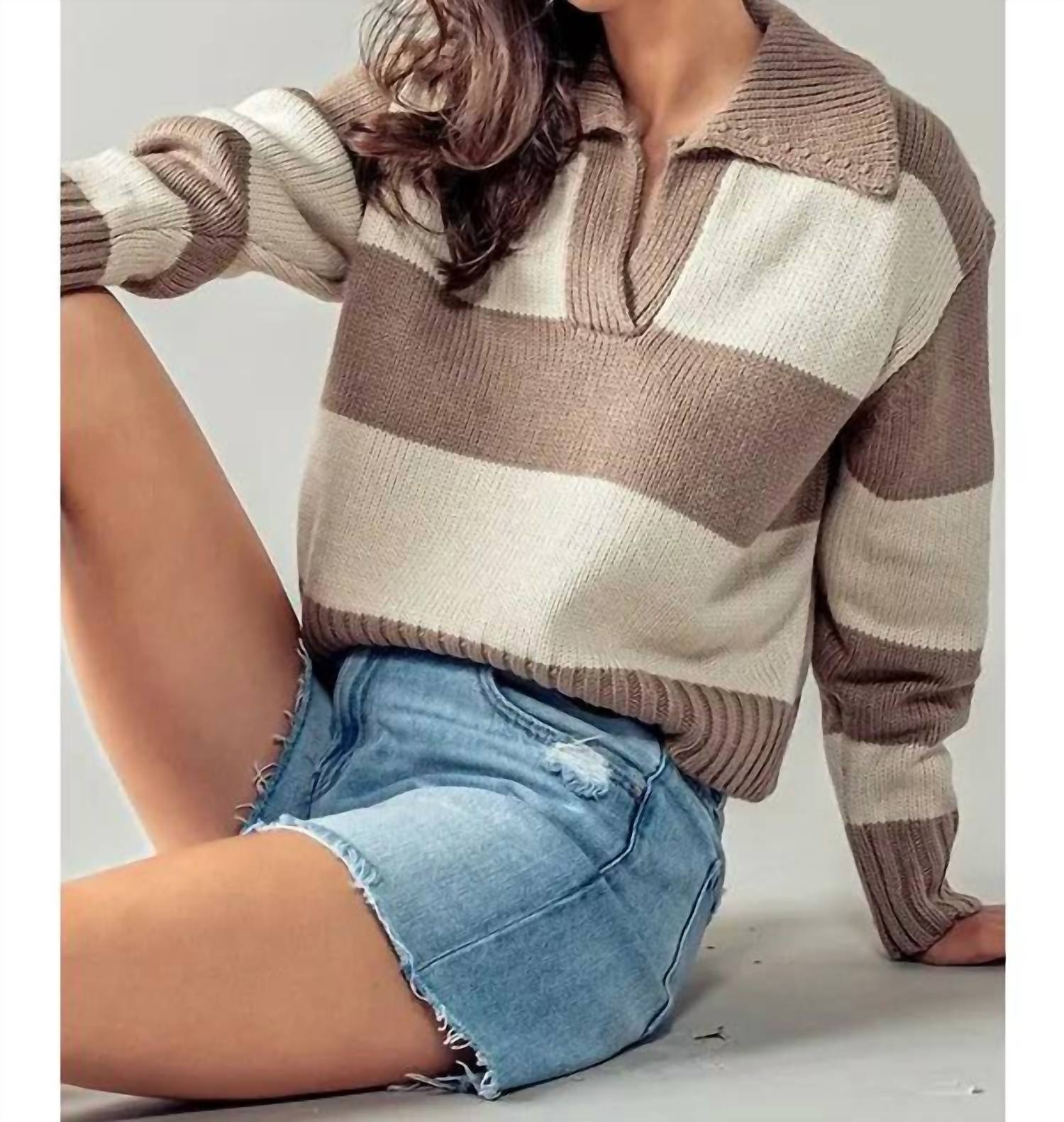 Urban Daizy Collared Striped Ribbed Knit Sweater in brown - women's sweater - detail view