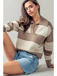 Urban Daizy Collared Striped Ribbed Knit Sweater in brown - women's sweater - alternate view