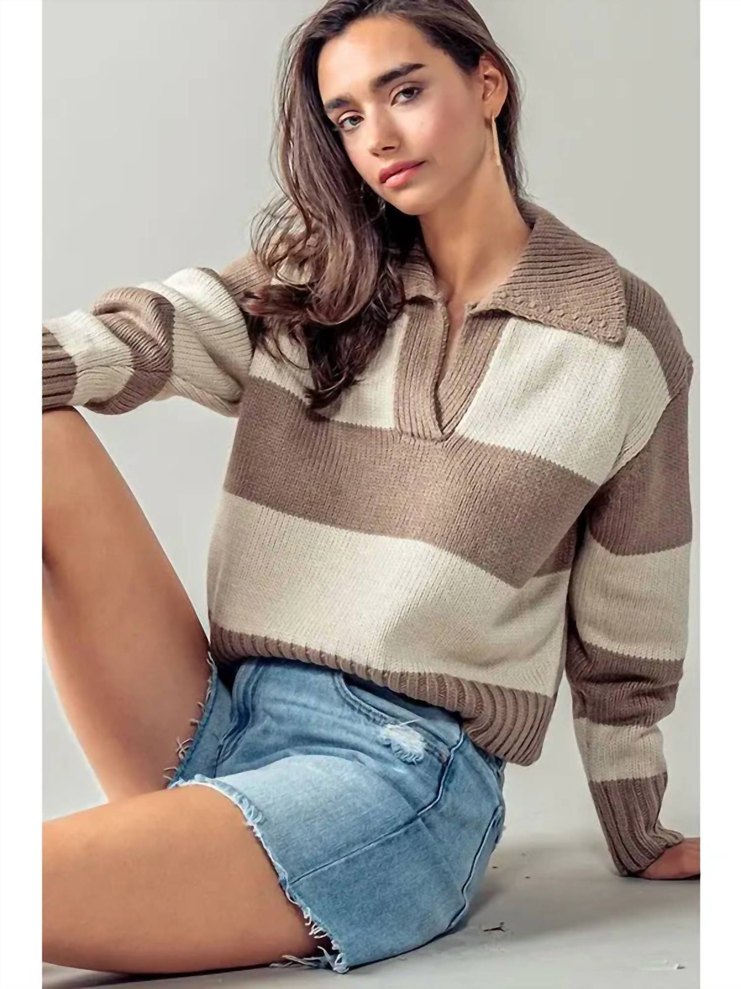 Urban Daizy Collared Striped Ribbed Knit Sweater in brown - women's sweater - alternate view