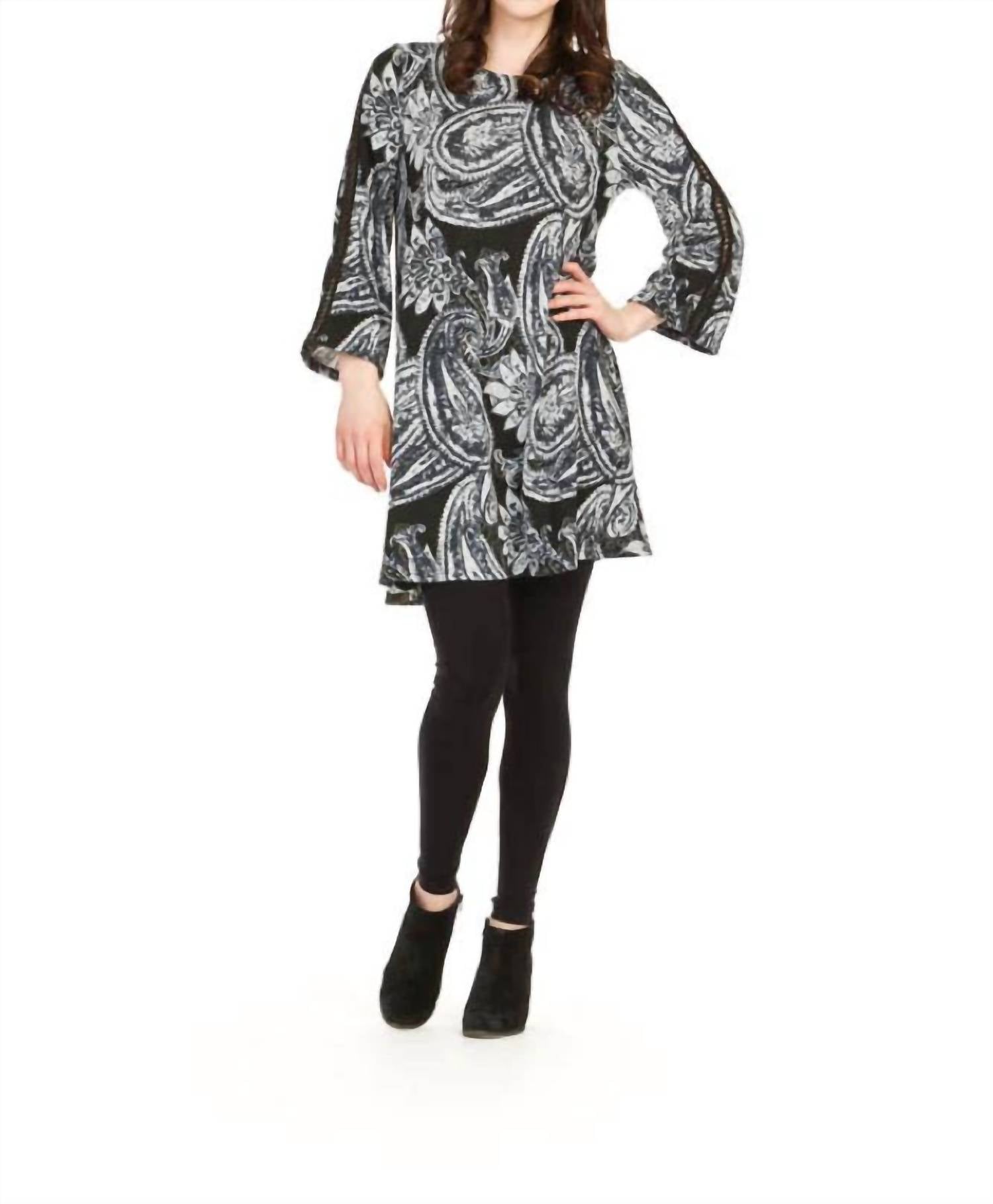 Papillon - Paisley Print Lace Inset Bell Sleeve Dress