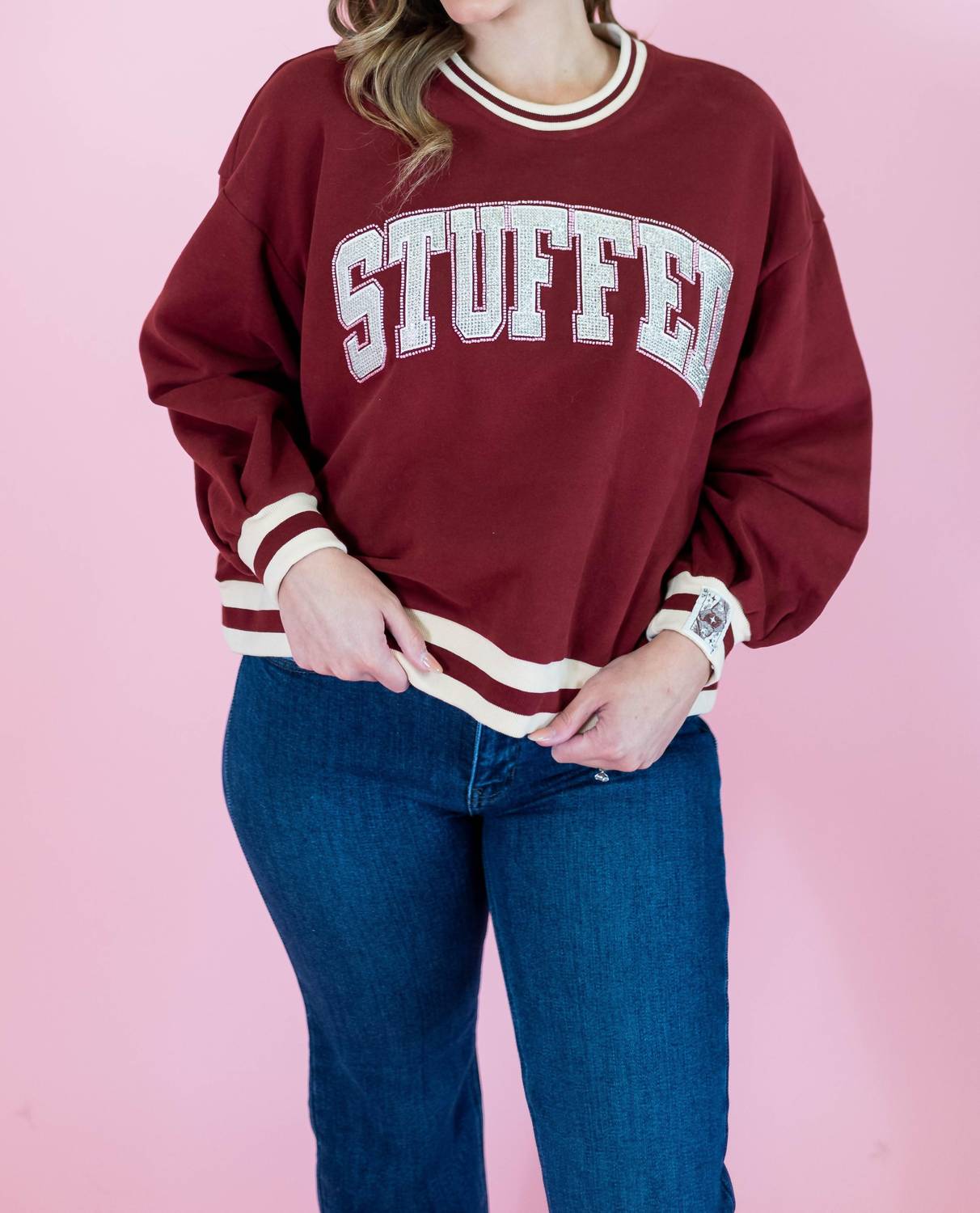 QUEEN OF SPARKLES Rhinestone Stuffed Sweatshirt in maroon ivory - women's top
