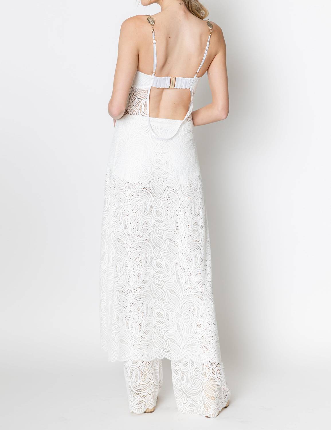 ZETAYE Lyric Lace Long Line Chain Top in white - women's blouse - detail view
