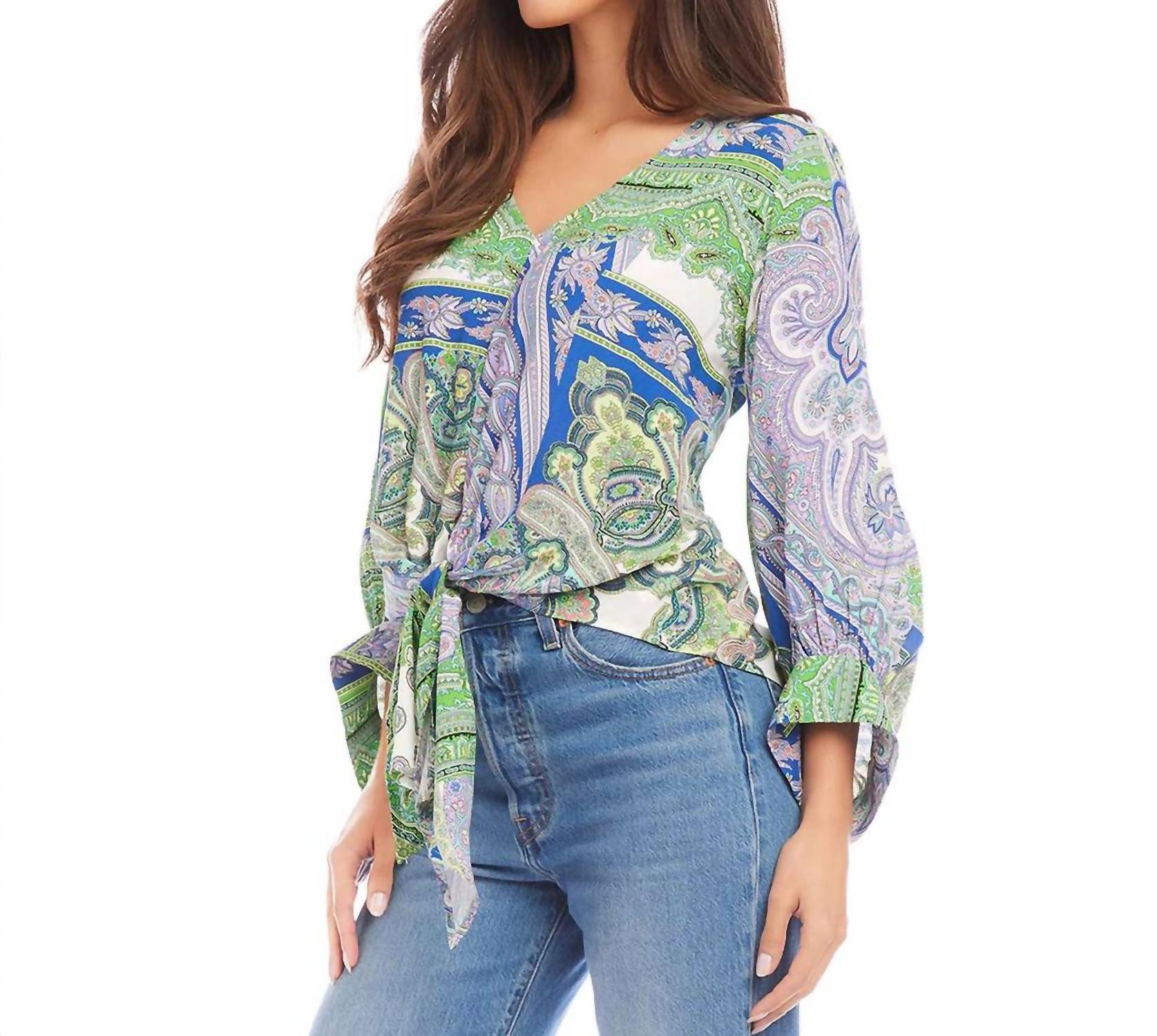 Karen Kane Pella Paisley Blouson Sleeve Tie Front Top in green multi - women's blouse - detail view