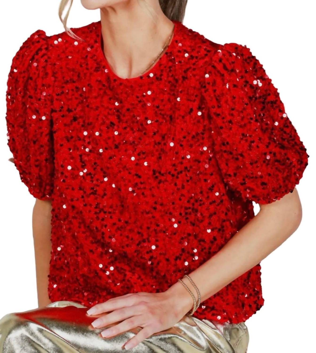 Vine & Love - Velvet Sequin Accent Puff Sleeve Blouse