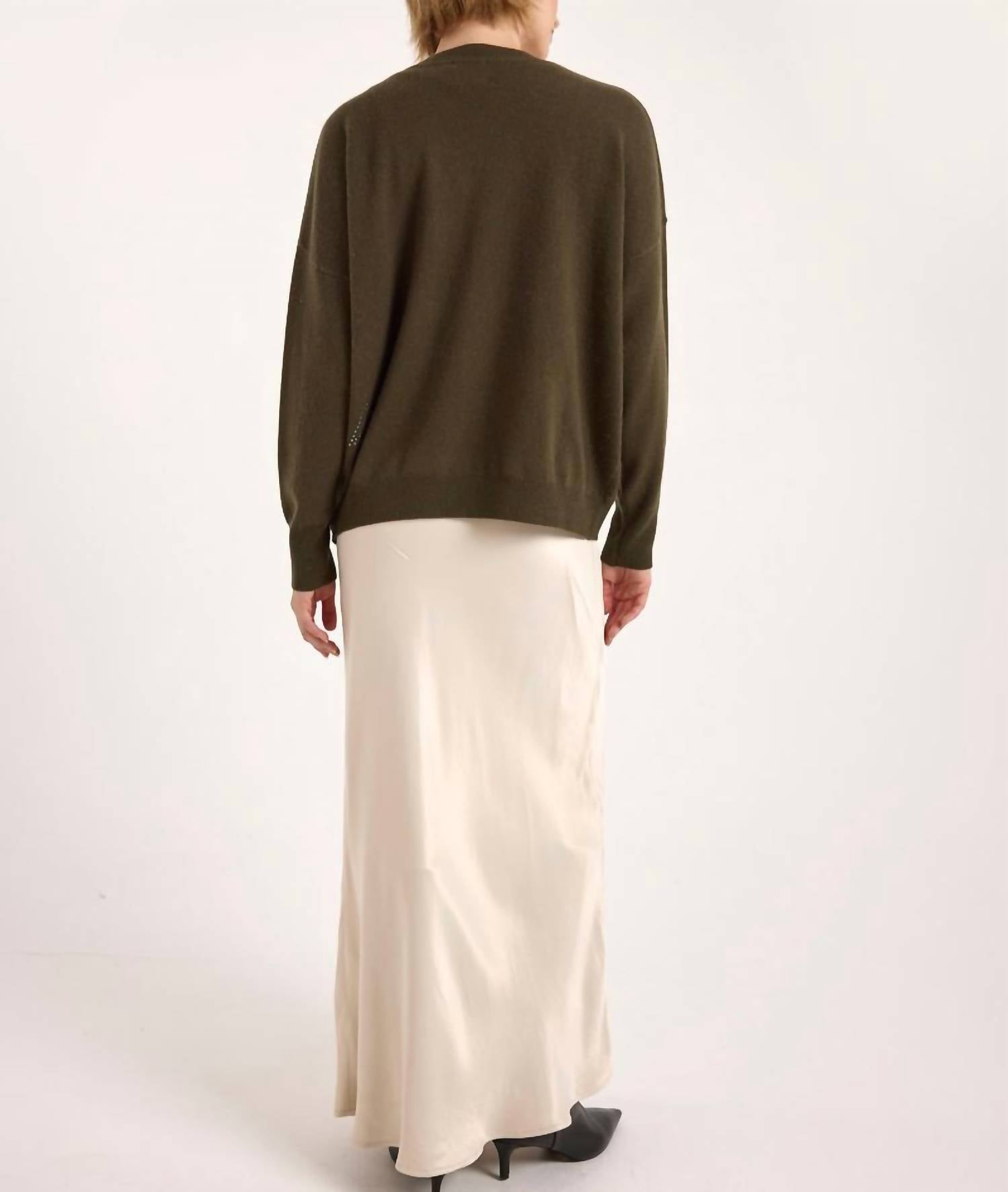 Brodie Cashmere Hazel Hot Fix Bolt V Neck Sweater in khaki - women's sweater - detail view
