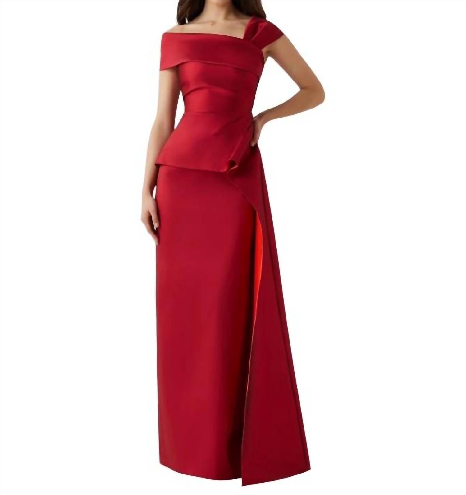 Teri Jon - Stretch Gazar Ruched Peplum Gown