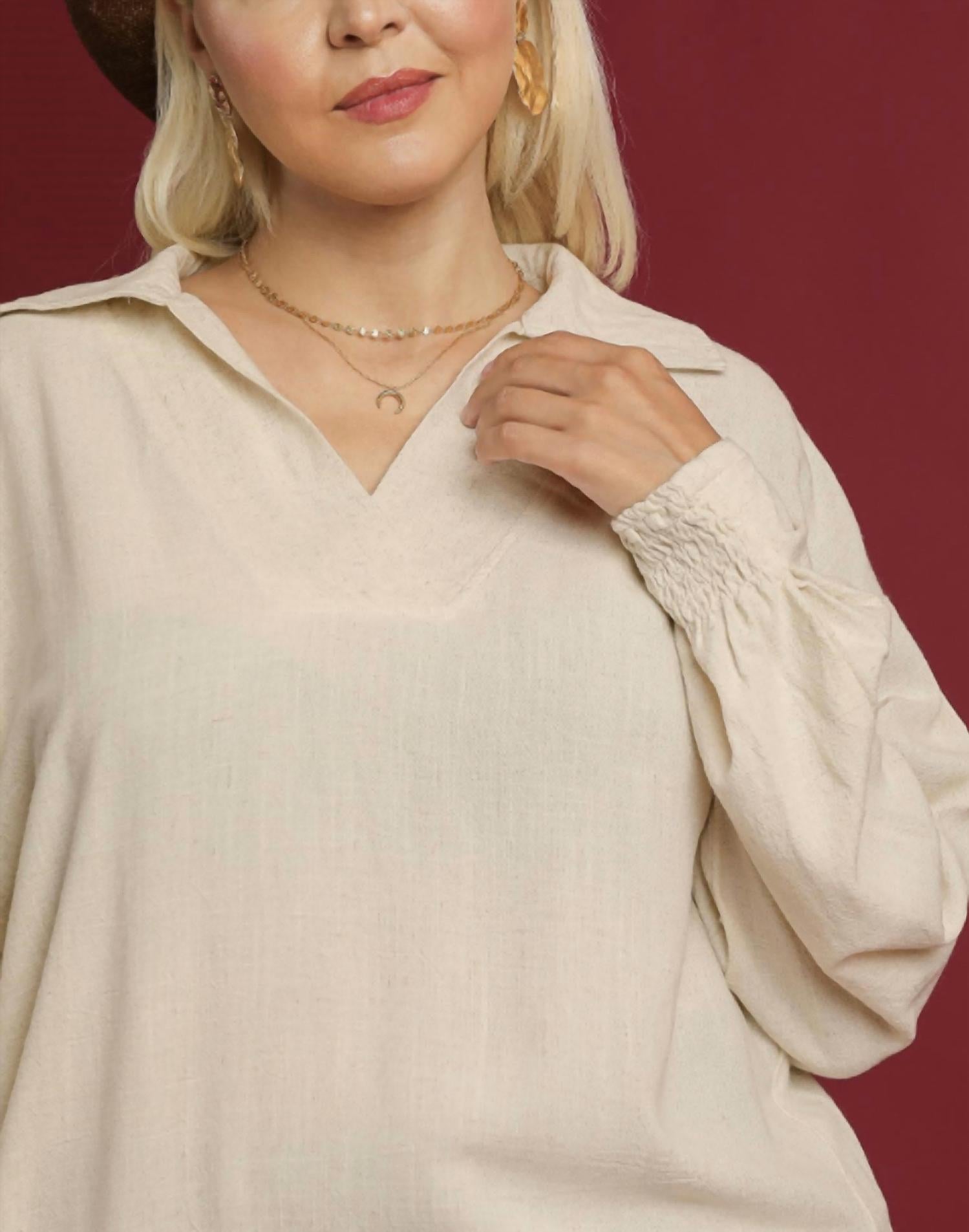Umgee - V-neck Long Sleeve Linen Top