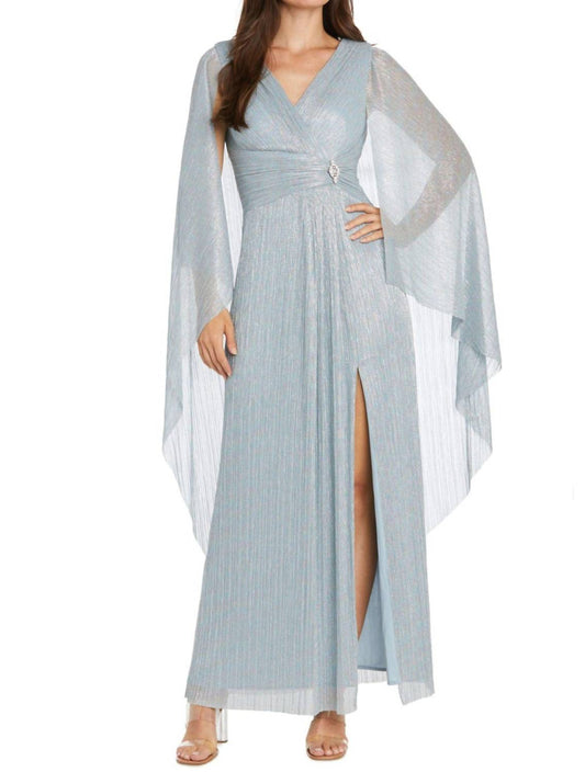 R&M Richards - Metallic Chiffon Long Dress With Sheer Cape