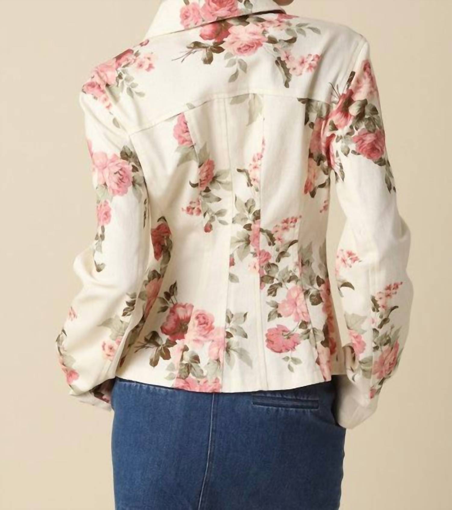 OLIVACEOUS Ciara Denim Floral Shirt Jacket in multi - women's jacket - alternate view
