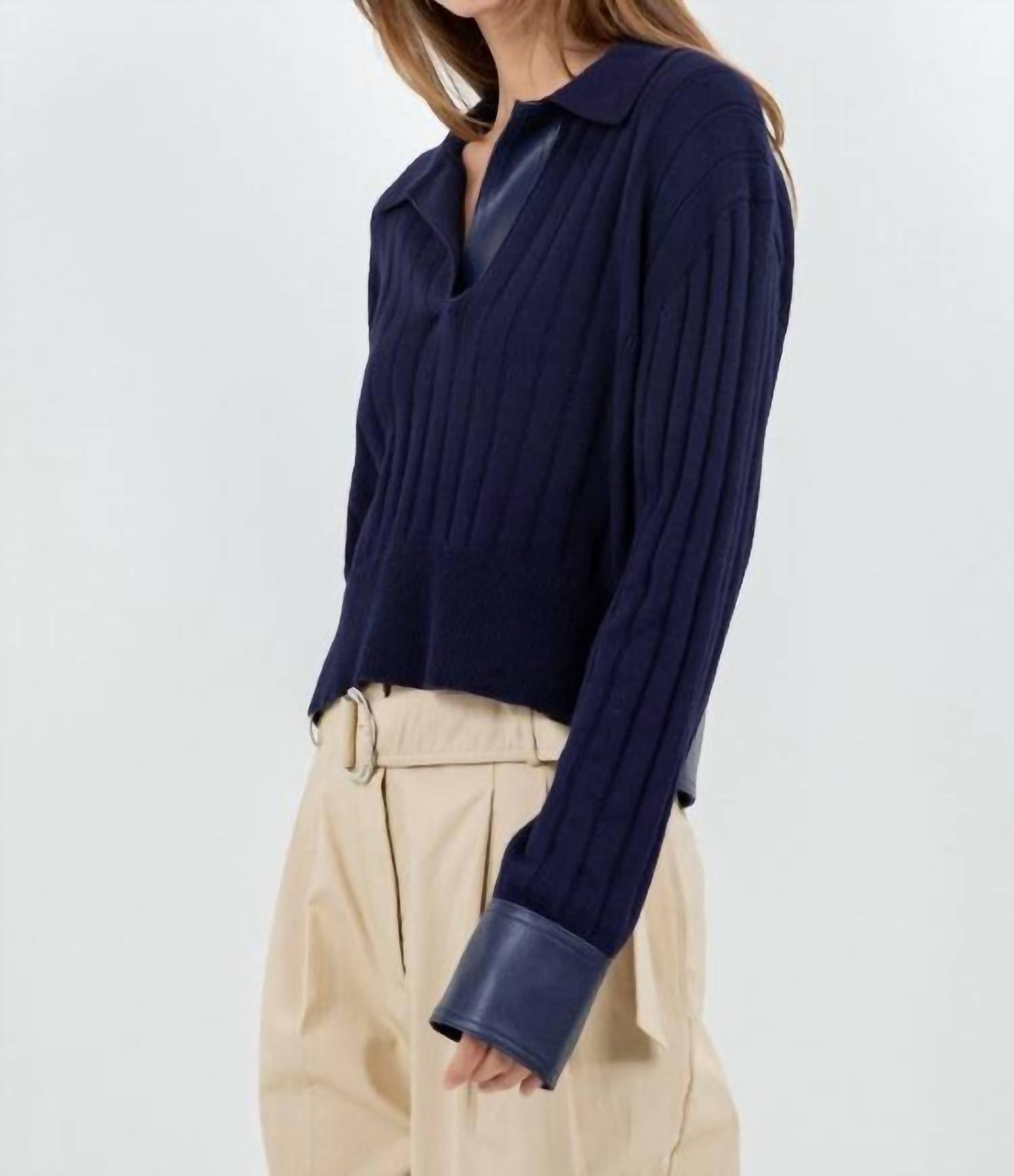 Whiteroom+Cactus - Faux Leather Knitted Long Sleeve Sweater