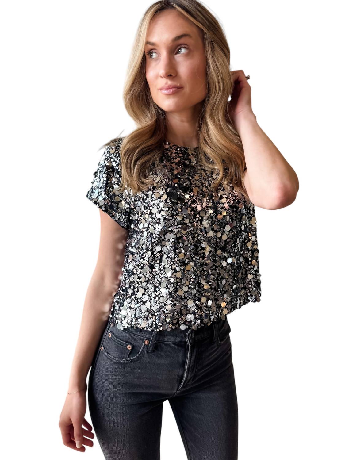 STEVE MADDEN Celestine Sequin Top in silver - women's t-shirt - alternate view
