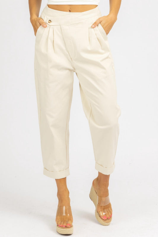 WOVEN ASYMMETRICAL BUTTON PANTS