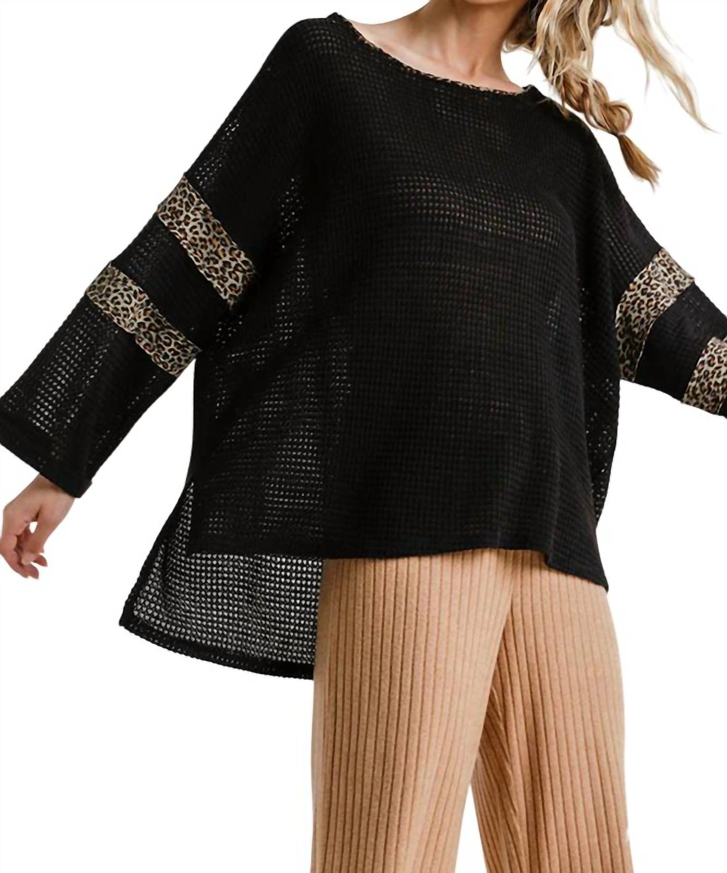 Umgee - Leopard Trim Waffle Knit Top