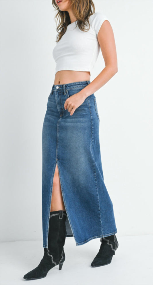 Just Black Denim - High Waisted Front Slit Denim Midi Skirt