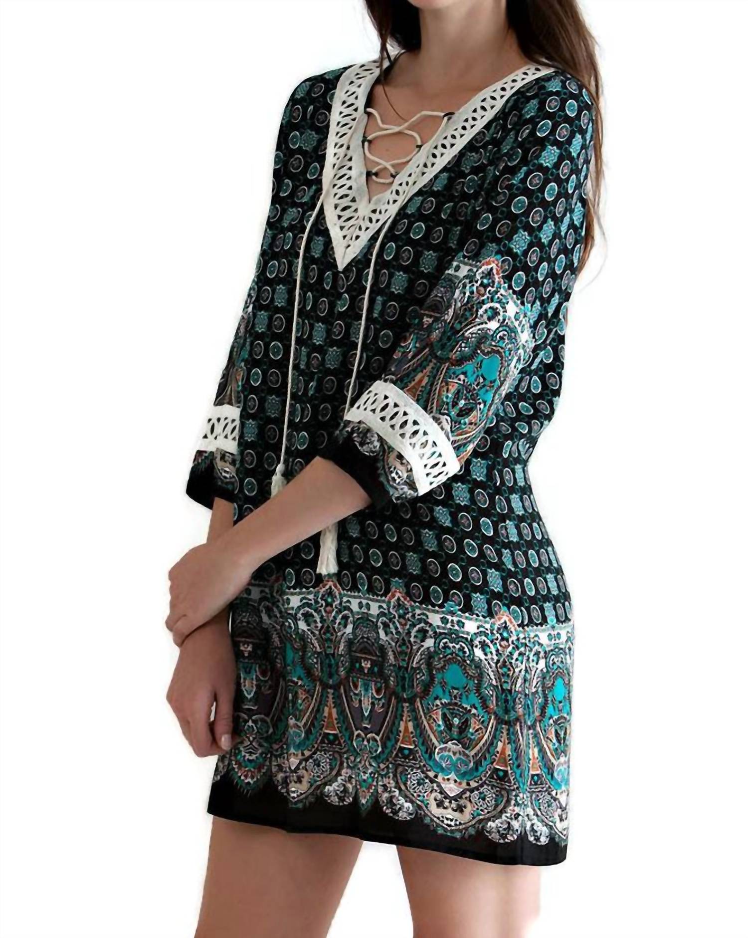 Entro - Border Print Tassel Tie Mini Dress