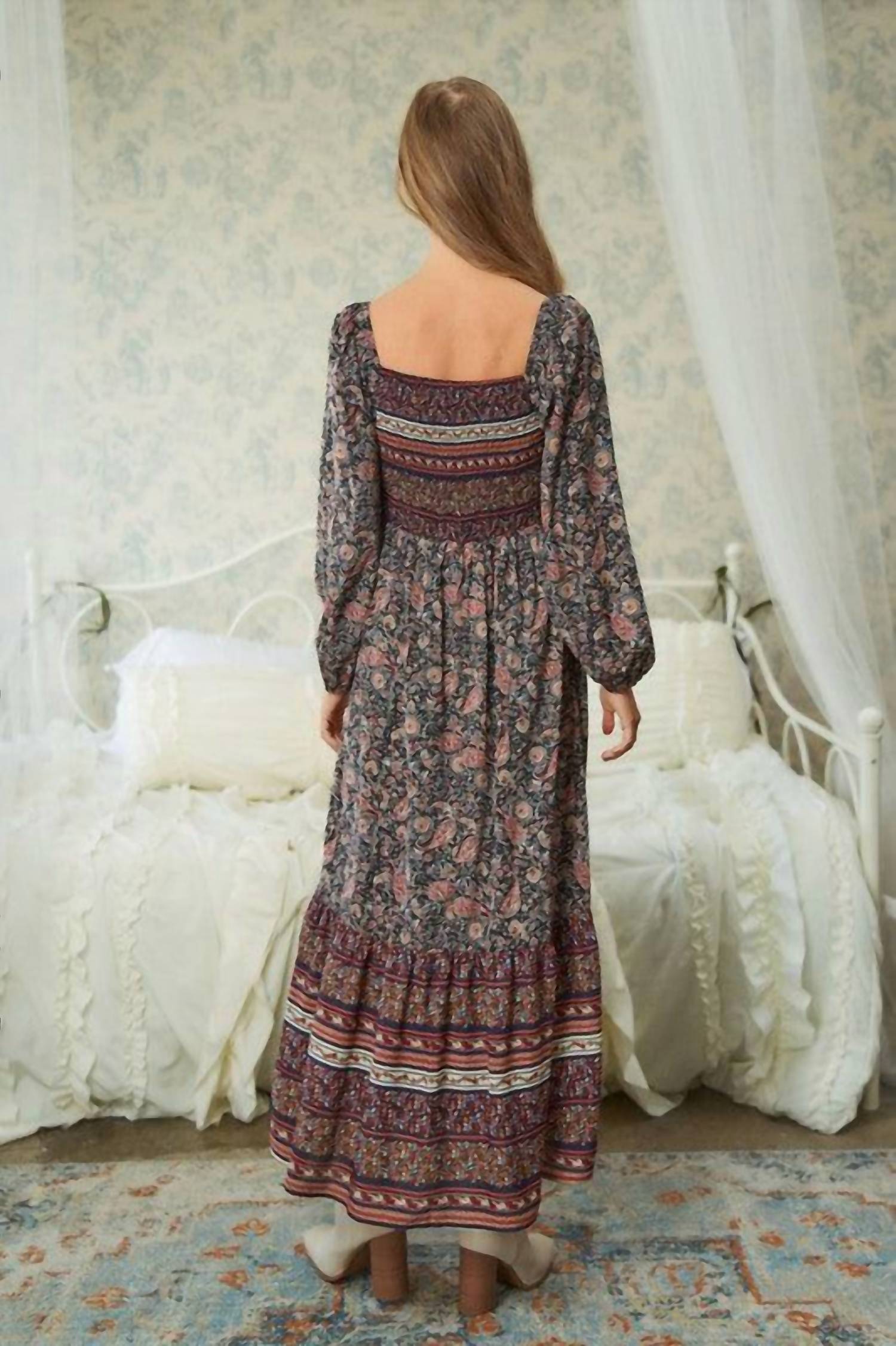 DAVI & DANI Long Sleeve Floral Print Maxi Dress in paisley and ditsy floral - women's dress - alternate view