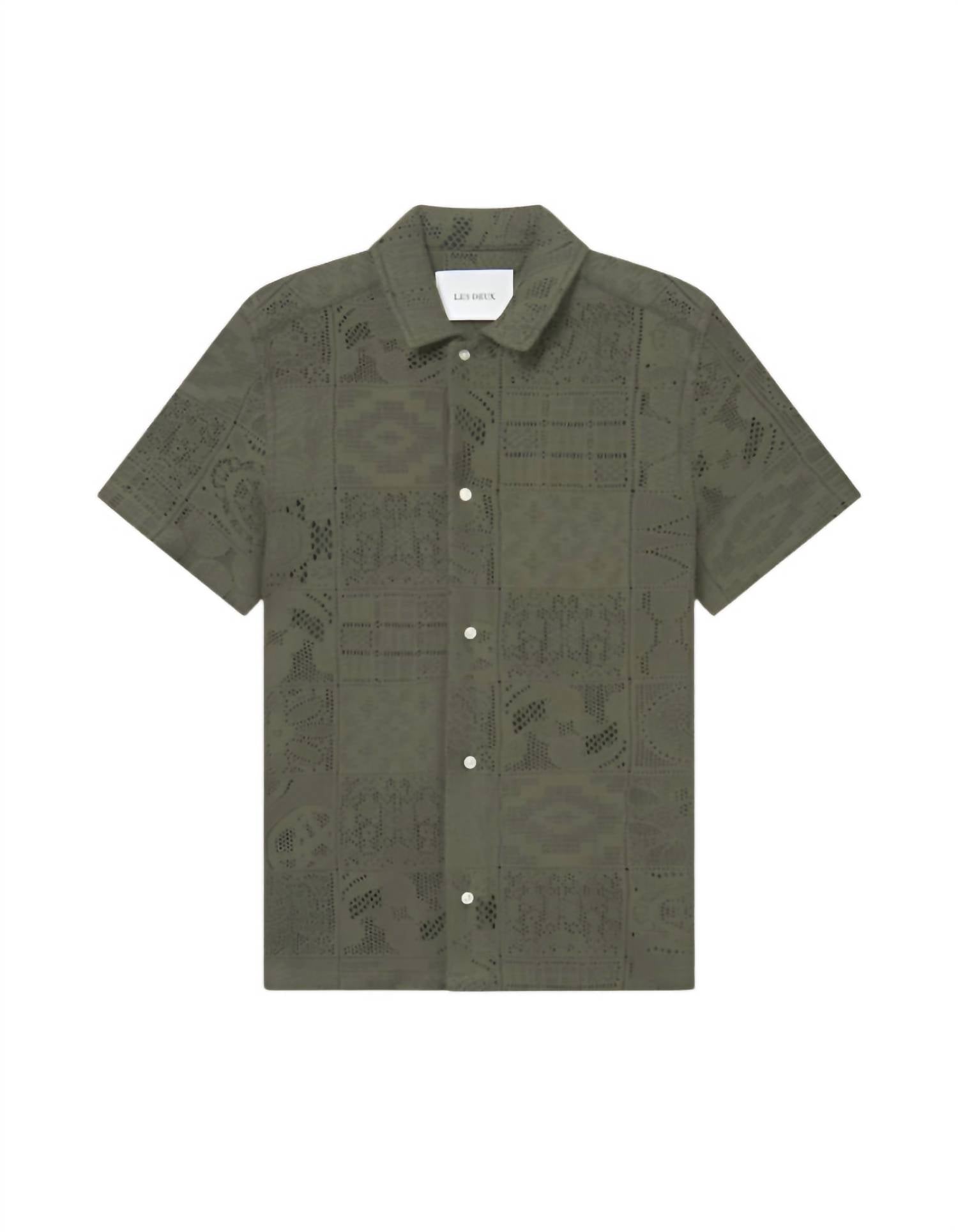 Les Deux Men's Hector Lace Short Sleeve Shirt in olive night - men's shirt