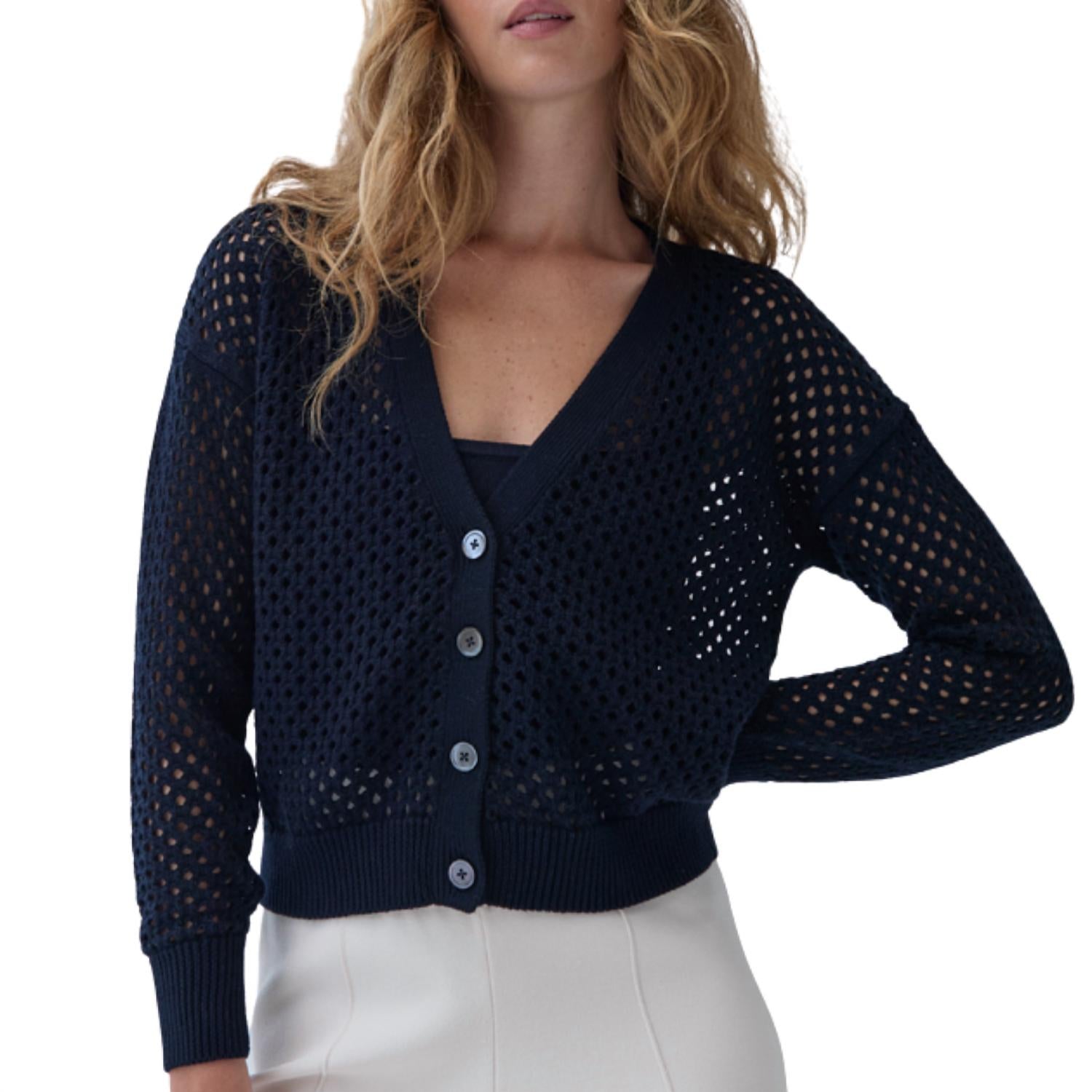 Autumn Cashmere Solid Mesh Cardigan in navy - women's cardigan