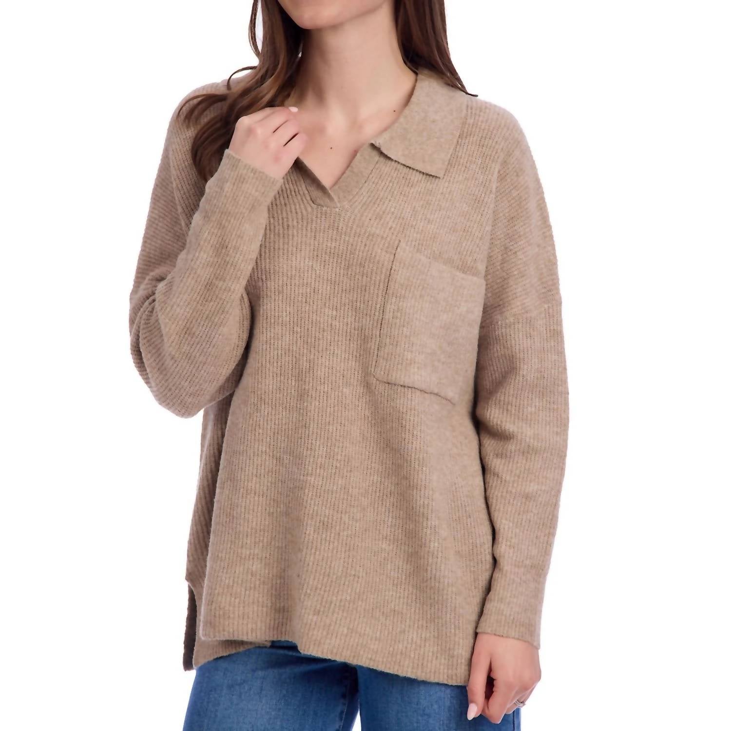 mudpie Noa Collared Sweater in tan - women's sweater - alternate view
