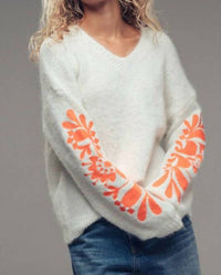Urban Daizy Floral Detail Sleeve Fuzzy Sweater in white orange - women's sweater - view 6