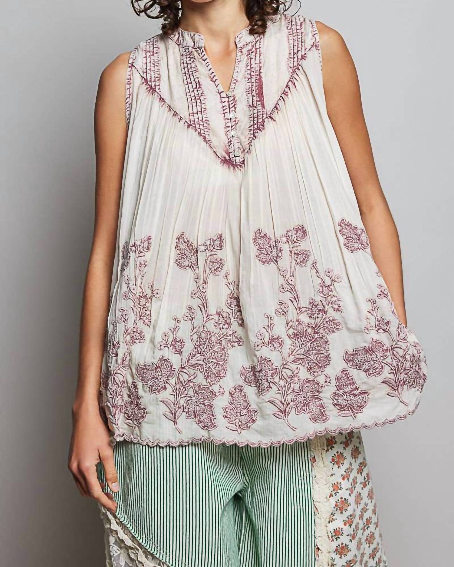 Pol - Embroidered V Neck Sleeveless Elastic Loop Shirring Top