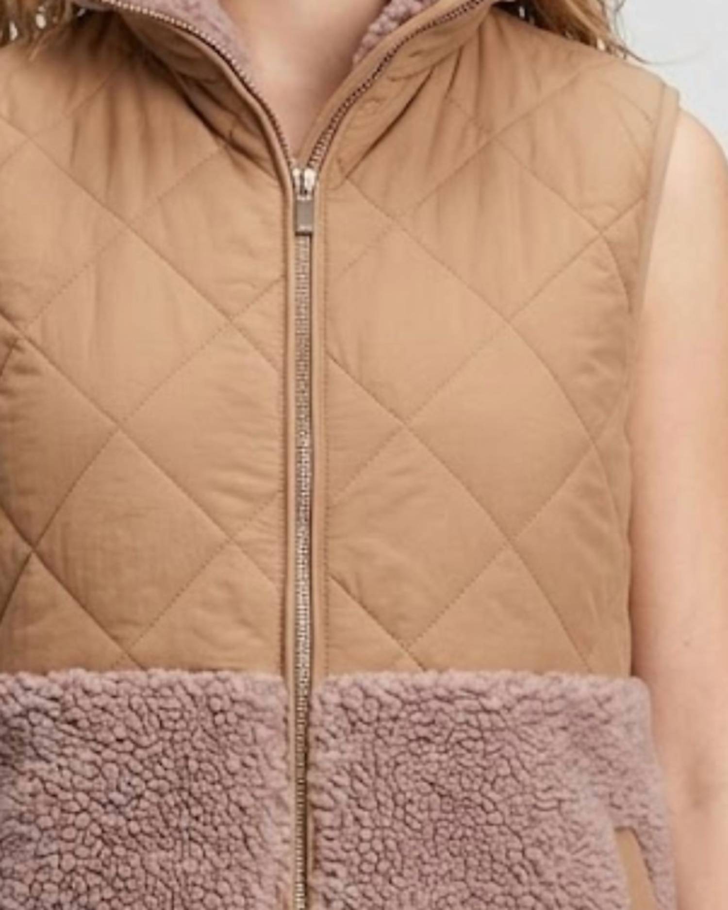 Charlie Paige Sleeveless Quilted Vest in brown - women's jacket - detail view