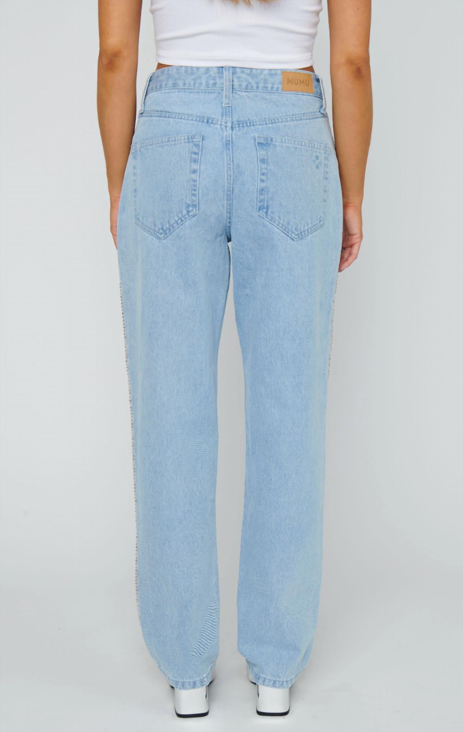 Show Me Your Mumu Icon Straight Leg Jeans in indigo rhinestone trim - women's jeans - detail view