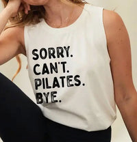 Oat Collective Sorry Can't Pilates Bye Mineral Graphic Tank Top in cream - women's tank top - detail view