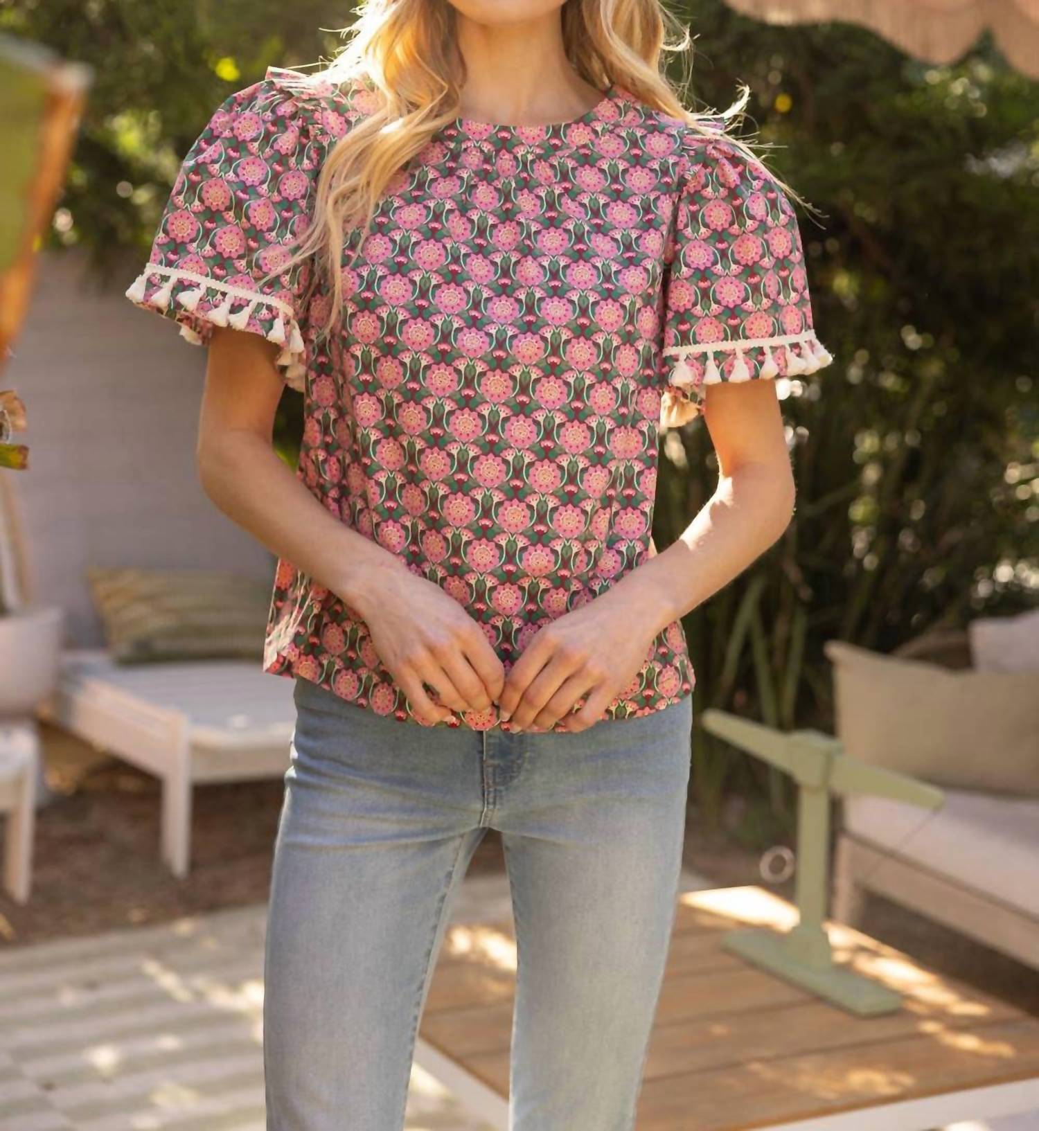 Voy - Torah Fringe Trim Short Sleeve Printed Top