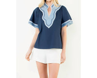 Thml - Wide Sleeve Contrast Trim V Neck Top