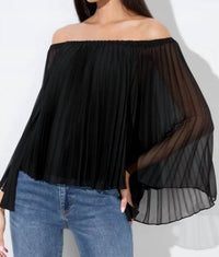 alice + olivia Aundrea Off The Shoulder Pleated Blouse in black - women's blouse - detail view