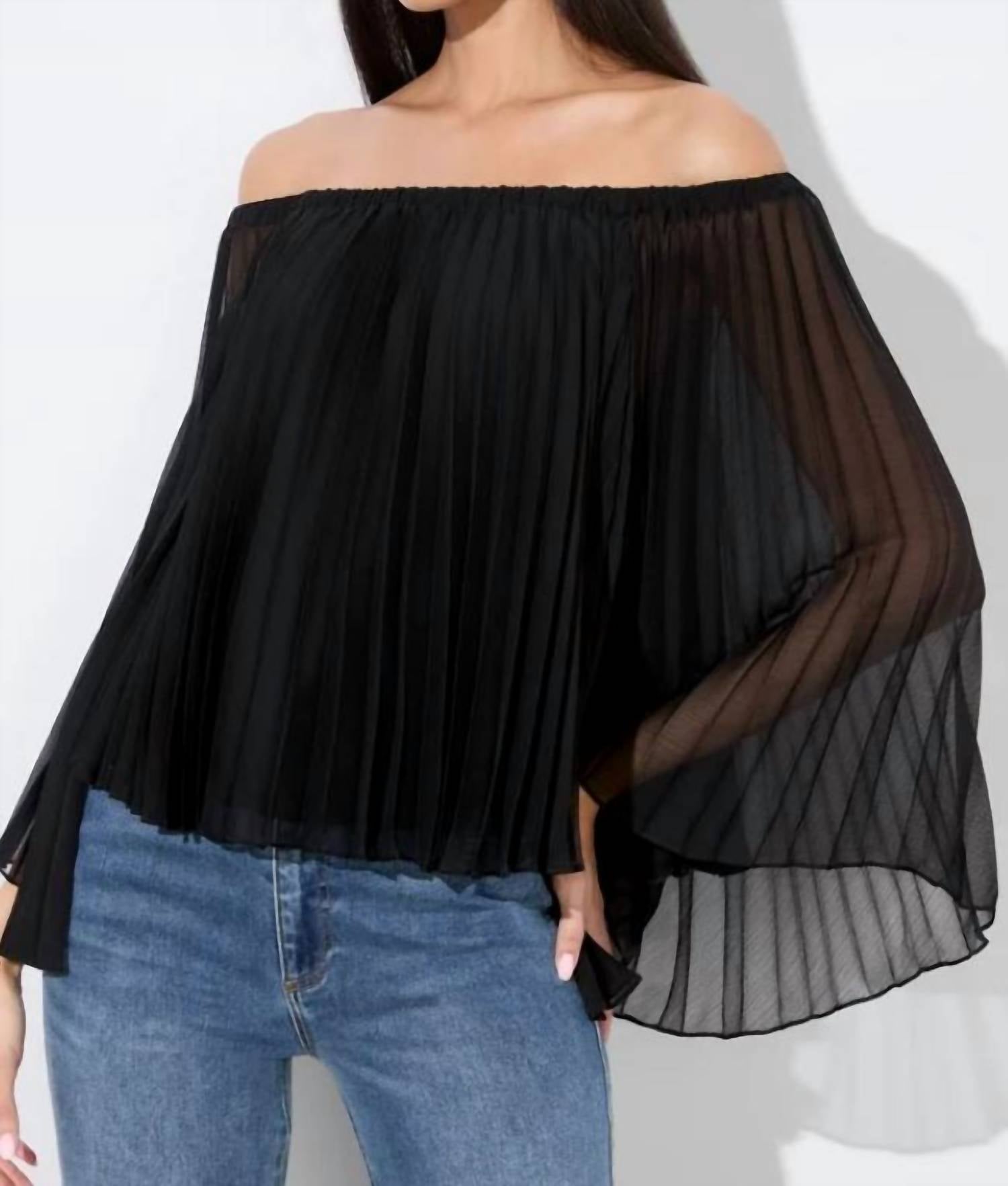 alice + olivia Aundrea Off The Shoulder Pleated Blouse in black - women's blouse - detail view