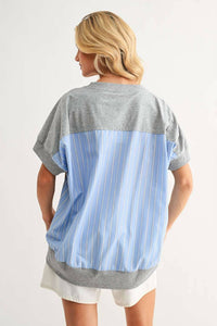 Joh Joy Mixed Media Top in heather grey khaki - women's blouse - detail view