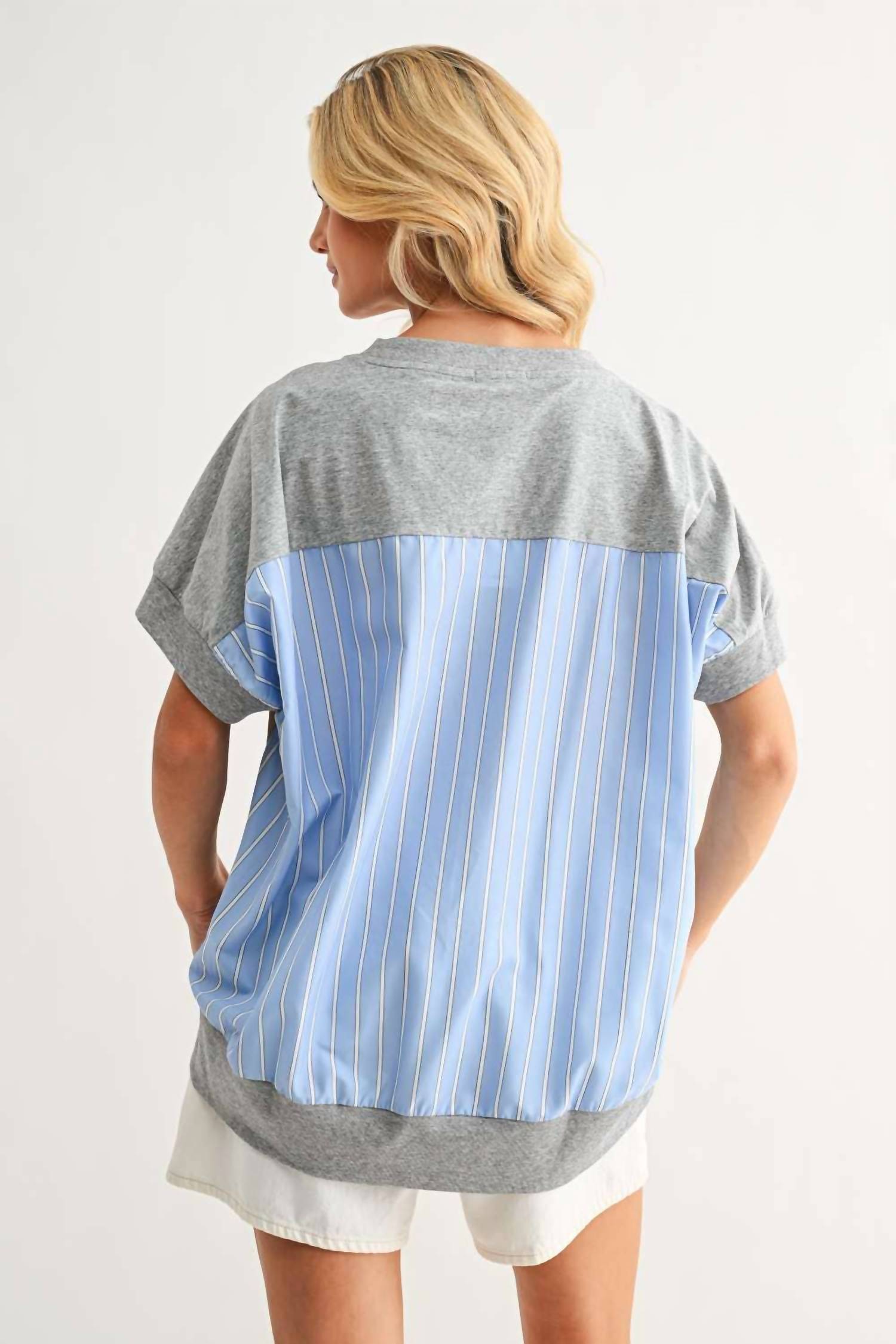 Joh Joy Mixed Media Top in heather grey khaki - women's blouse - detail view