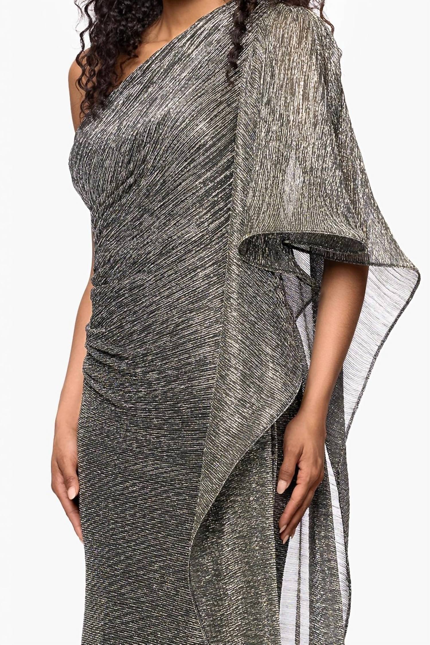 Betsey Johnson - Metallic Knit One Shoulder Draped Cape Floor Length Dress