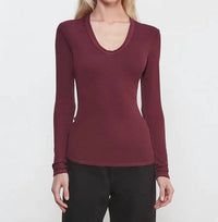 Enza Costa Rib Bold Long Sleeve U Top in carmine - women's long sleeve top