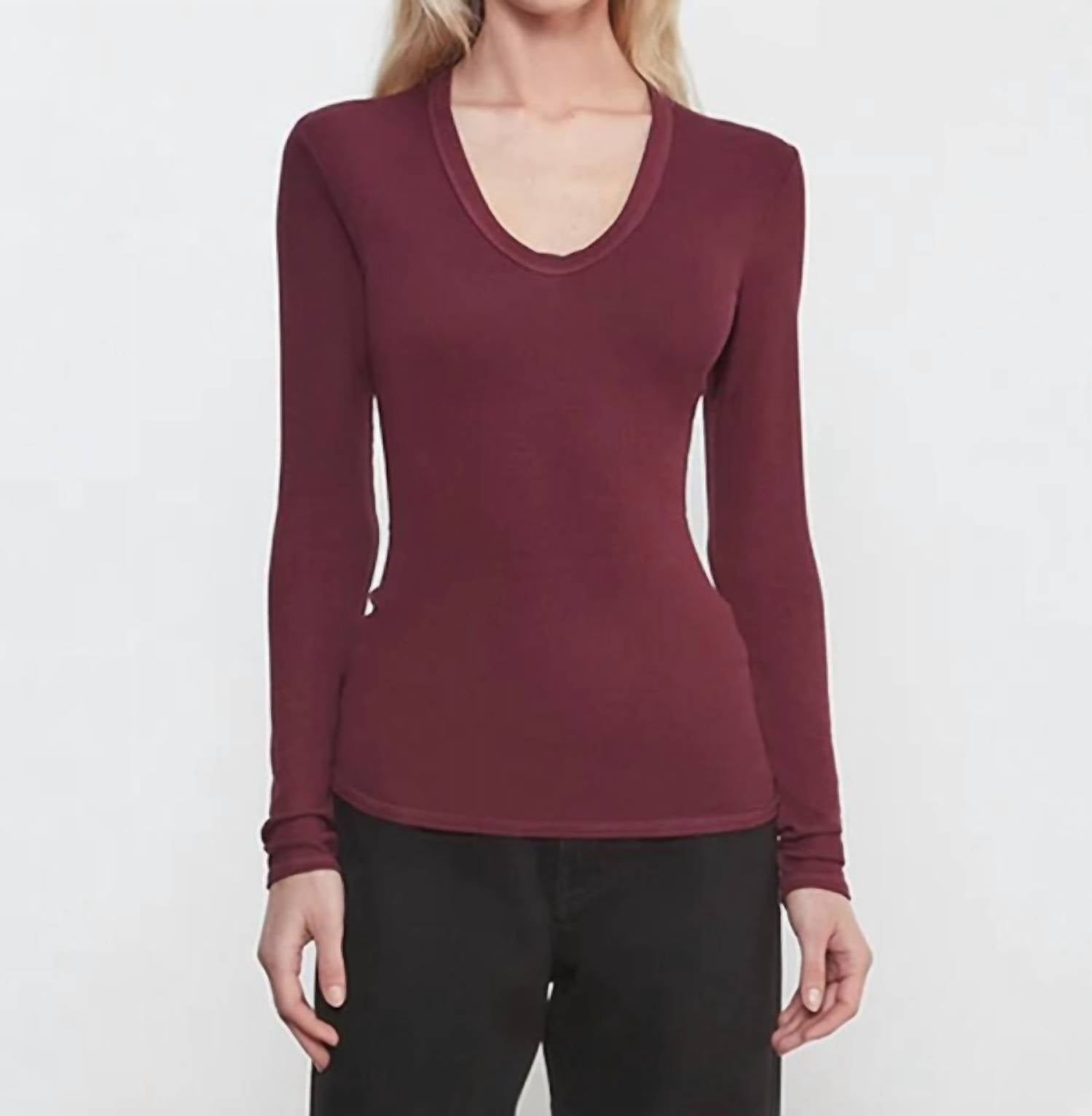 Enza Costa Rib Bold Long Sleeve U Top in carmine - women's long sleeve top