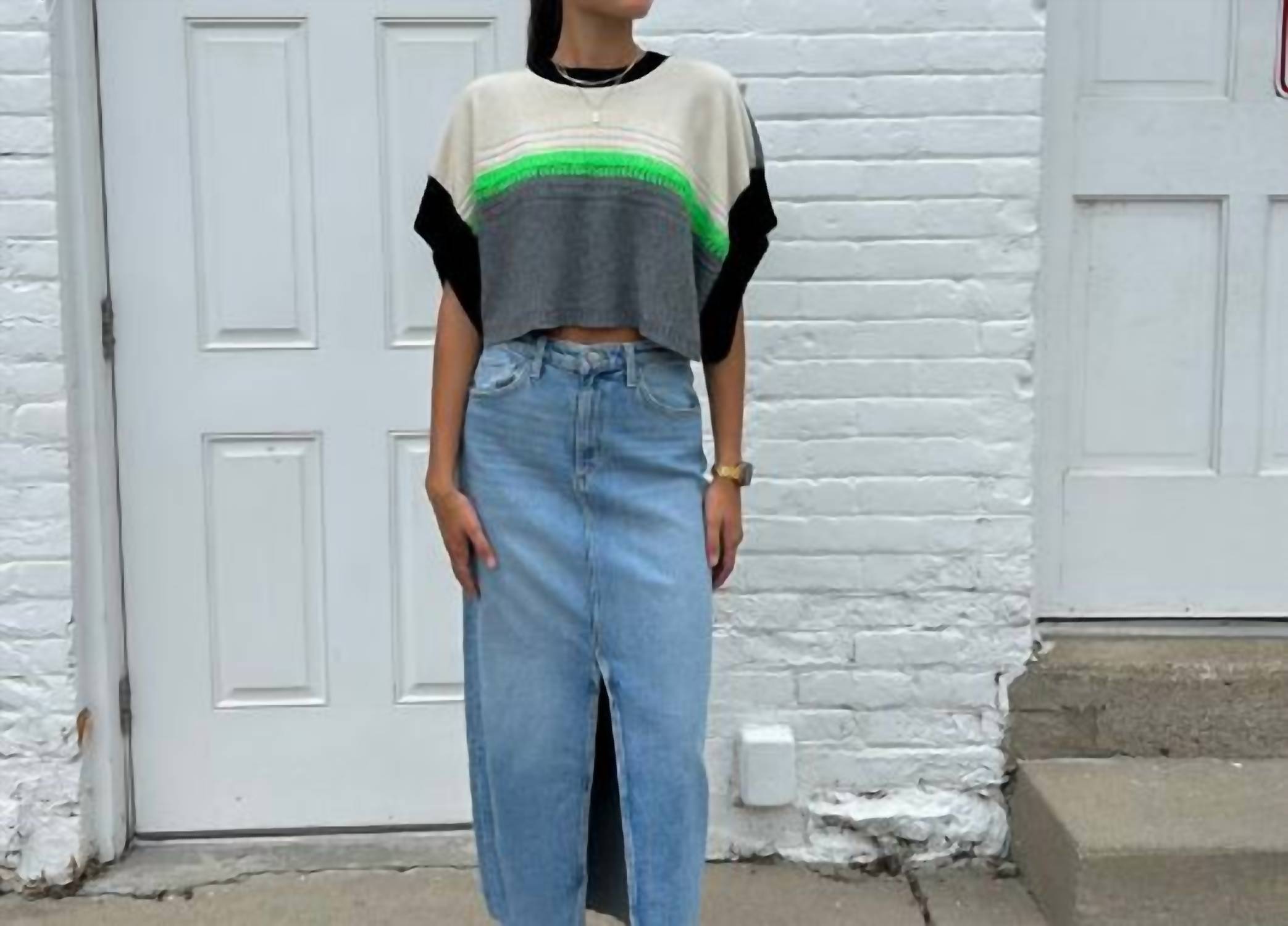 Tricot Chic Short Sleeve Crop Cape Sweater in black and grey - women's sweater - view 5