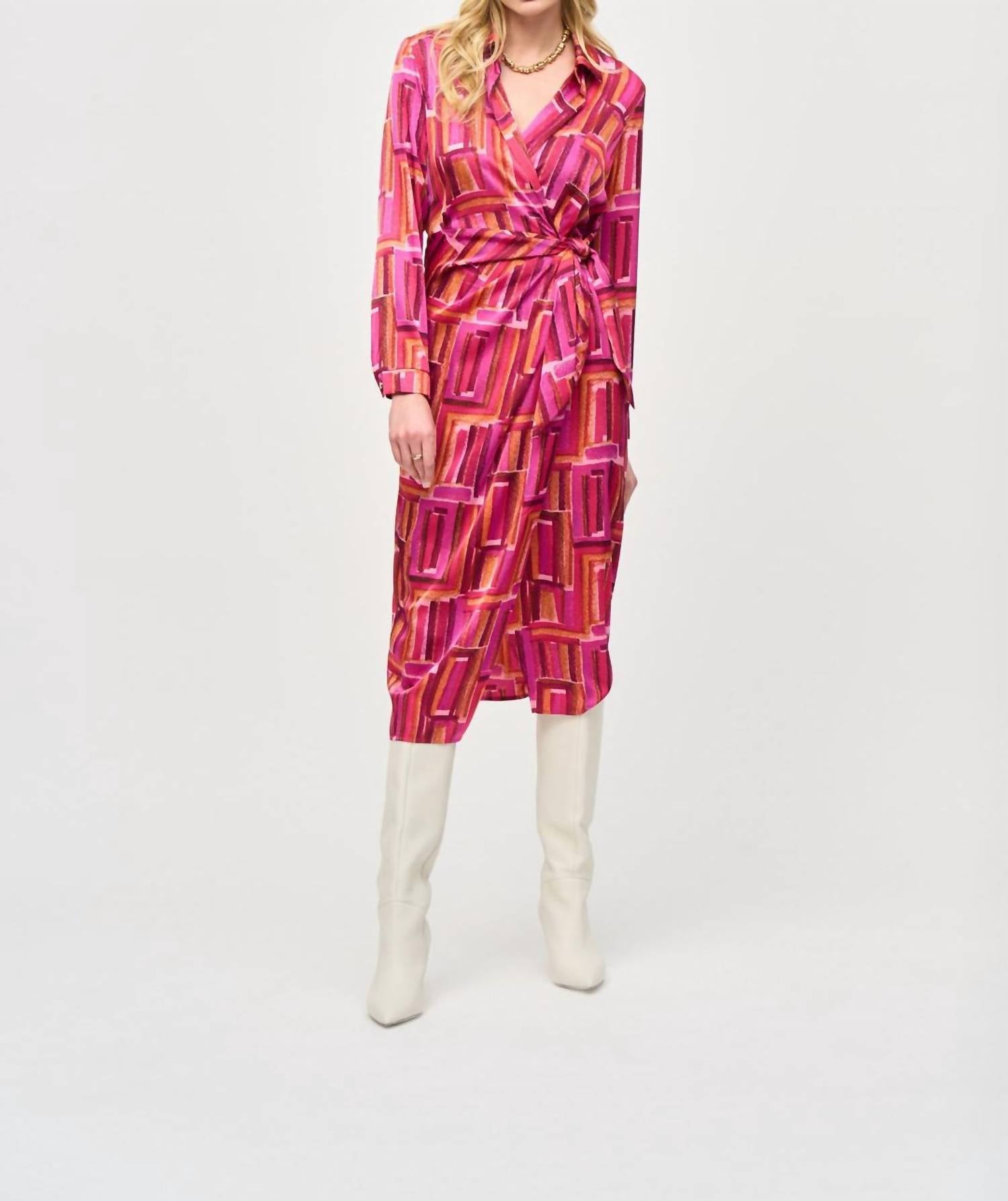 Joseph Ribkoff Long Sleeve Wrap Dress in pink multi - women's dress