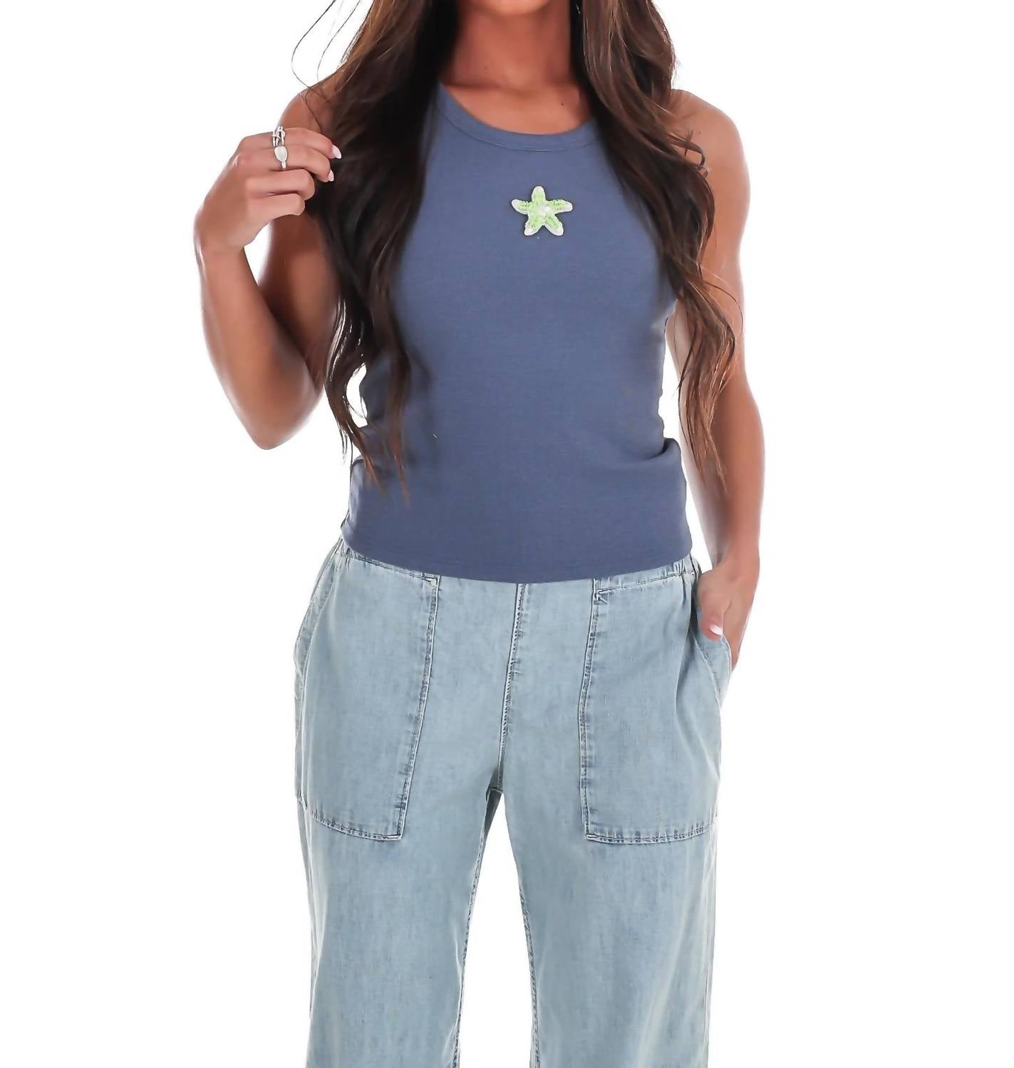 Bailey Rose - Women's Starfish Embroidery Ribbed Tank Top
