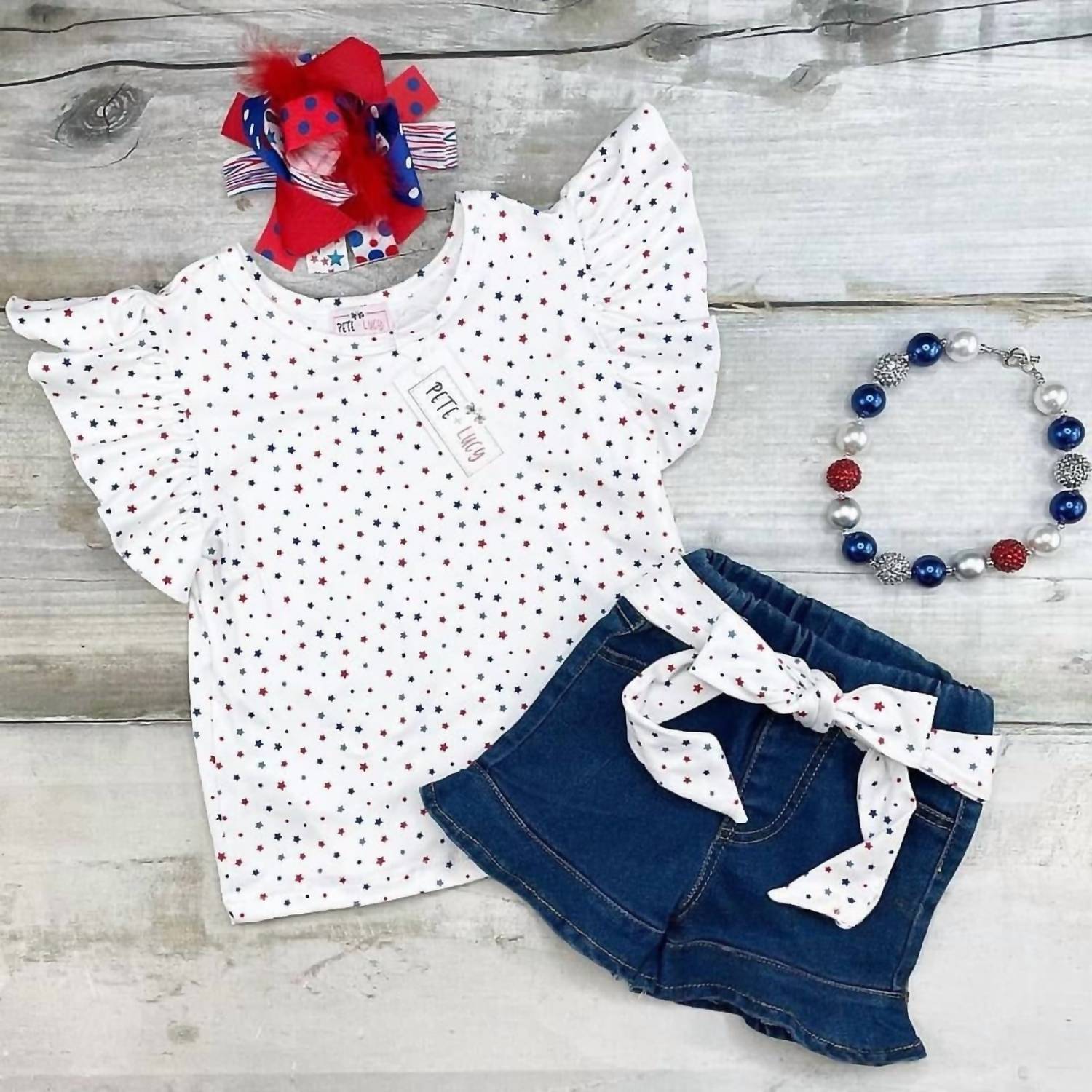 Pete + Lucy - Girls July 4th Denim Short Set